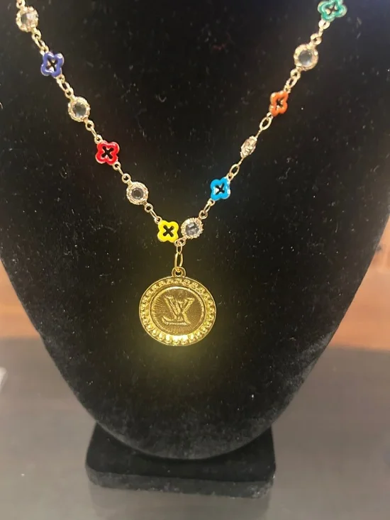 Gold-Tone Multicolor Flower Charm Necklace with Pink Logo Medallion& bracelet - Picture 4 of 5